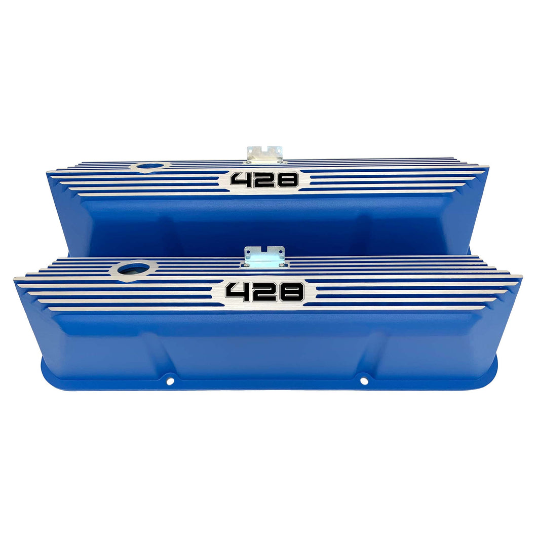 ansen custom engraving, ford fe 428 valve covers, tall, finned, blue, front view