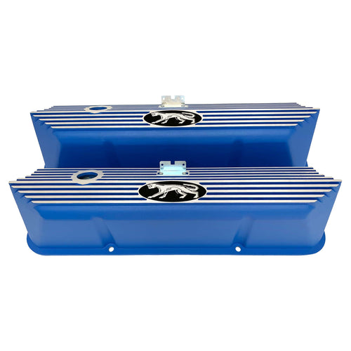 ansen valve covers, ford fe, cougar logo, laser engraved, blue powder coat, front view