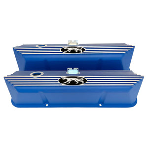 ansen valve covers, ford fe, cougar logo, laser engraved, blue powder coat, front view