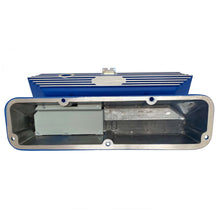 Load image into Gallery viewer, ansen valve covers, ford fe, cougar logo, laser engraved, blue powder coat, underside view