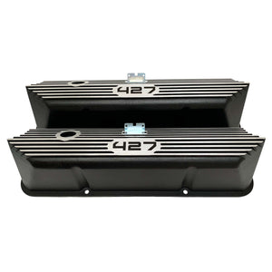ansen valve covers, ford, fe 427, tall, laser engraved, black powder coat, front view