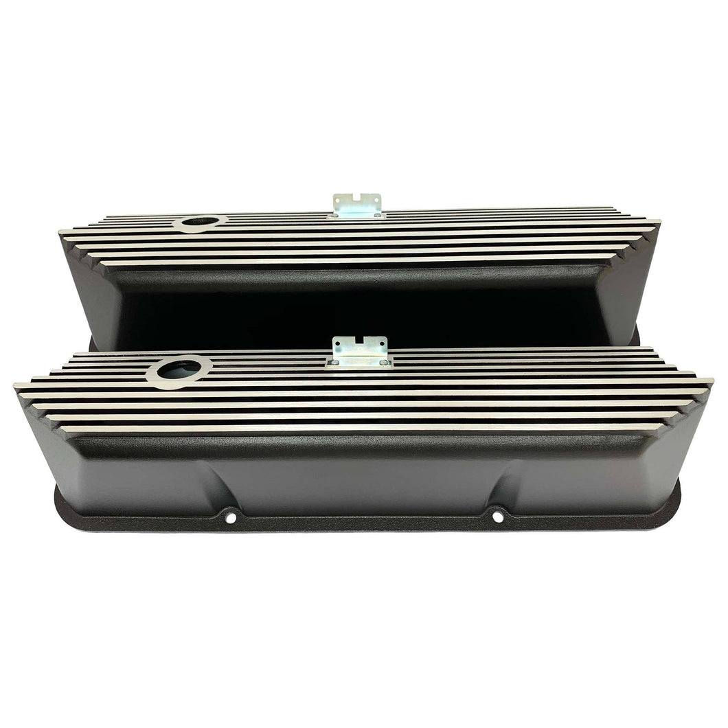ansen valve covers, ford fe, tall, all fins, black powder coat, front view