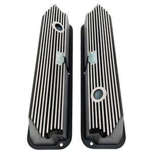 ansen valve covers, ford fe, tall, all fins, black powder coat, top view