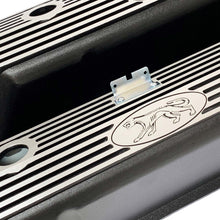 Load image into Gallery viewer, ansen valve covers, ford fe, cougar logo, laser engraved, black powder coat, angled view