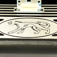 Load image into Gallery viewer, ansen valve covers, ford fe, cougar logo, laser engraved, black powder coat, close up view