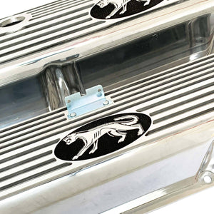 ansen valve covers, ford fe, cougar logo, laser engraved, polished, angled view