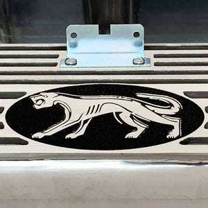 ansen valve covers, ford fe, cougar logo, laser engraved, polished, close up view