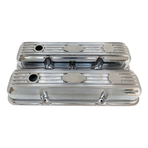 ansen custom engraving, ford fe short polished custom valve covers, front view