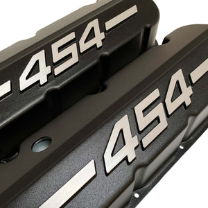 ansen big block chevy 454 valve covers, raised letter, black, angled view