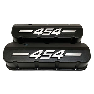 ansen big block chevy 454 valve covers, raised letter, black, front view