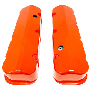 ansen custom engraving, chevy big block valve covers, orange, top view