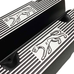 ansen custom engraving, ford 351 cleveland valve covers, cougar logo, black, angled view