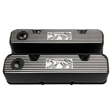 Load image into Gallery viewer, ansen custom engraving, ford 351 cleveland valve covers, cougar logo, black, front view