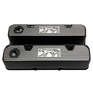 ansen custom engraving, ford 351 cleveland valve covers, cougar logo, black, front view