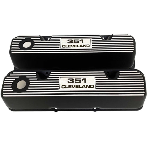 ansen custom engraving, ford 351 cleveland valve covers, black, front view