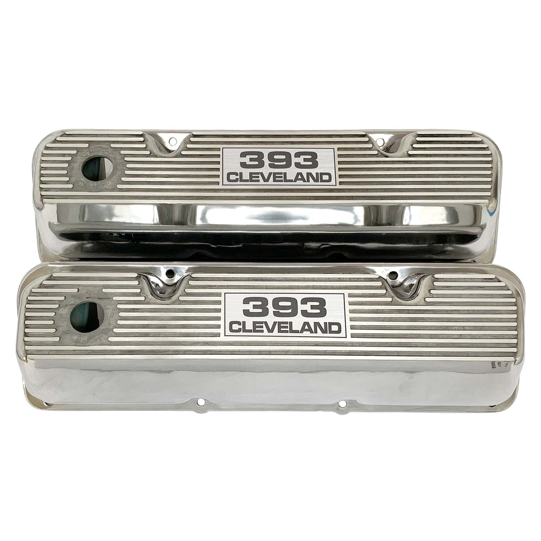 ansen valve covers, ford, 393 cleveland, laser engraved logo, polished, front view