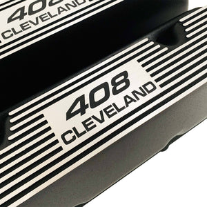 ansen valve covers, ford, 408 cleveland, black powder coat, close up view