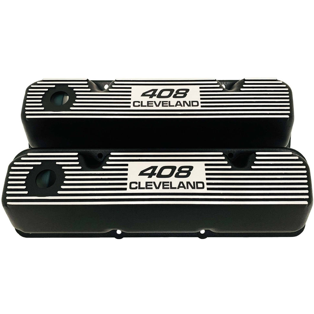ansen valve covers, ford, 408 cleveland, black powder coat, front view