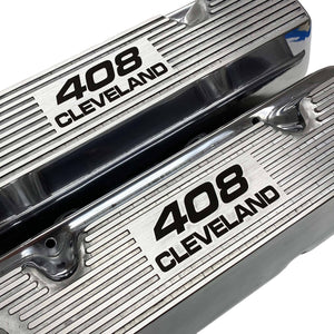 ansen valve covers, ford 408 cleveland, laser engraved, polished, angled view