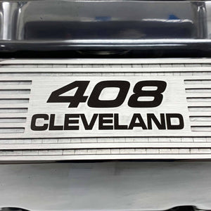 ansen valve covers, ford 408 cleveland, laser engraved, polished, close up view