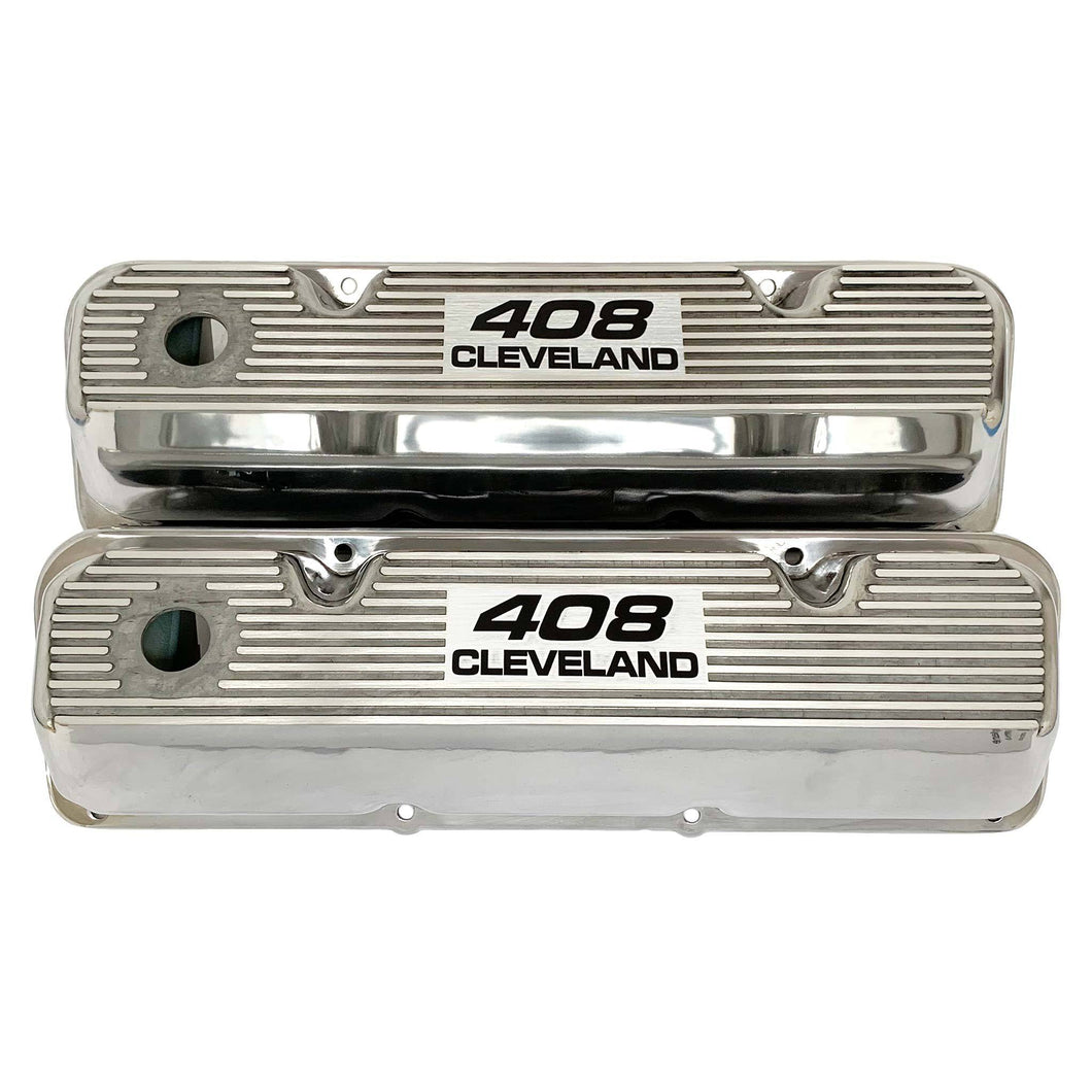 ansen valve covers, ford 408 cleveland, laser engraved, polished, front view
