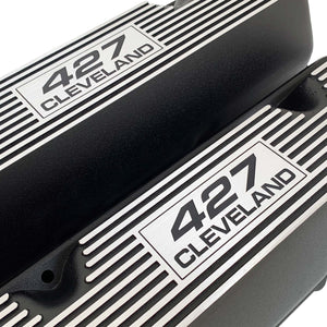 ansen custom engraving, ford 427 cleveland valve covers, black, close up view