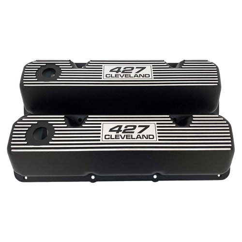 ansen custom engraving, ford 427 cleveland valve covers, black, front view