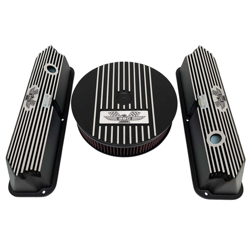 ansen custom engraving, ford fe tall 390 american eagle valve covers, air cleaner lid kit, black, front view