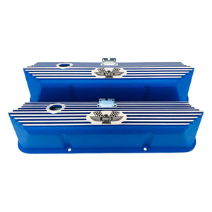 ford fe 390 american eagle valve covers, tall, finned, blue, ansen usa, front view