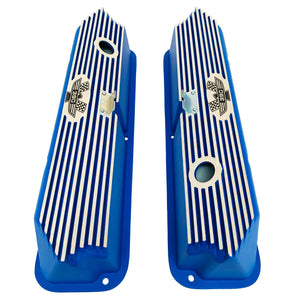 ford fe 390 american eagle valve covers, tall, finned, blue, ansen usa, top view