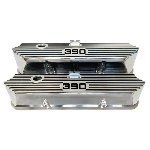 ford fe 390 valve covers, tall, finned, polished, ansen usa, front view