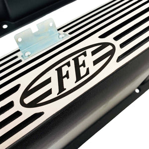 ansen valve covers, ford, fe, all fins, black powder coat, close up view