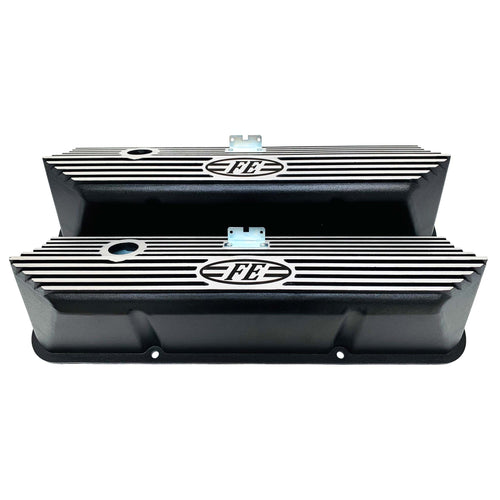ansen valve covers, ford, fe, all fins, black powder coat, front view