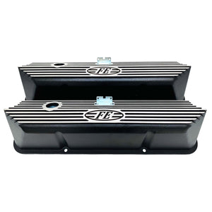 ansen valve covers, ford, fe, all fins, black powder coat, front view