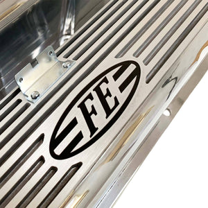 ansen valve covers, ford fe, laser engraved, polished, close up view