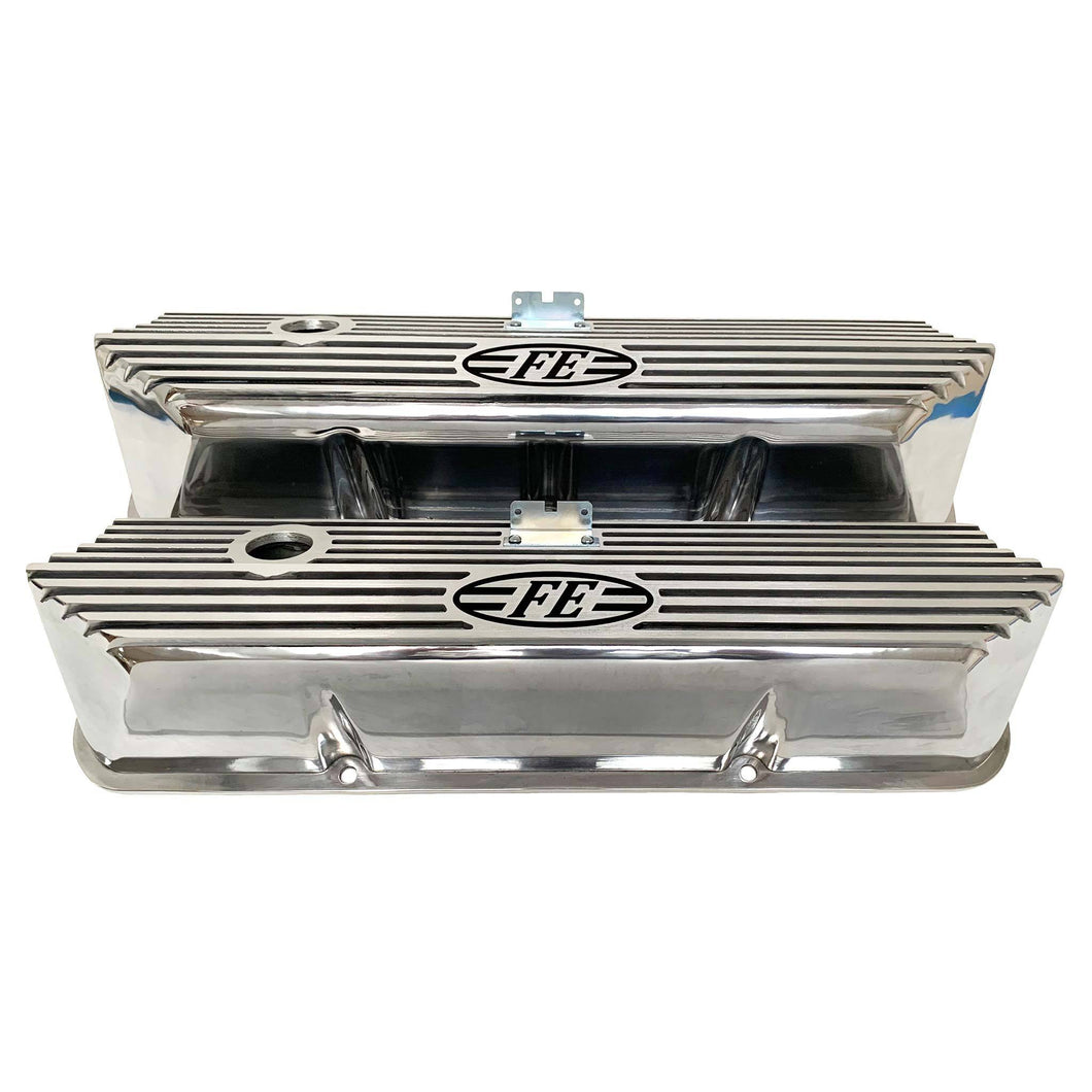 ansen valve covers, ford fe, laser engraved, polished, front view