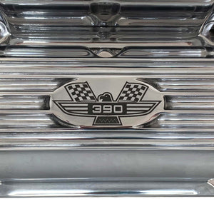 ansen custom engraving, ford fe 390 valve covers american eagle polished, logo view