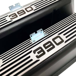 ford fe 390 valve covers, tall, finned, black, ansen usa, angled view