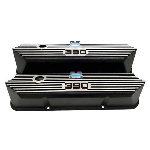 ford fe 390 valve covers, tall, finned, black, ansen usa, front view