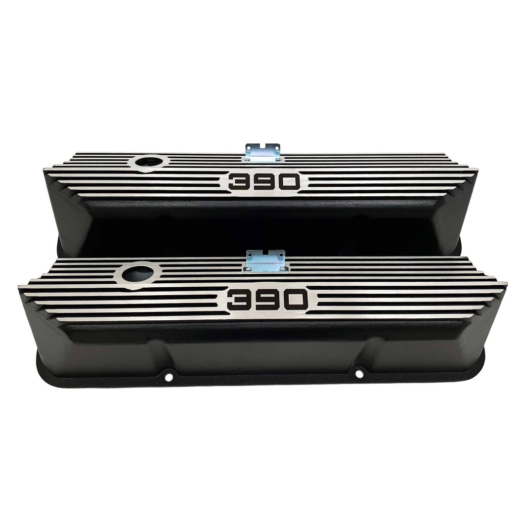ford fe 390 valve covers, tall, finned, black, ansen usa, front view