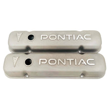 Load image into Gallery viewer, ansen valve covers, pontiac, raised letter logo, as cast finish, front view