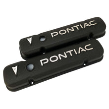Load image into Gallery viewer, ansen valve covers, pontiac, raised letter logo, black powder coat, angled view