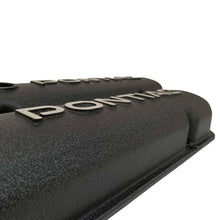 Load image into Gallery viewer, ansen valve covers, pontiac, raised letter logo, black powder coat, close up view
