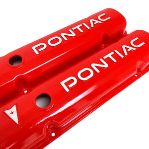 pontiac raised letter logo red valve covers, angled view