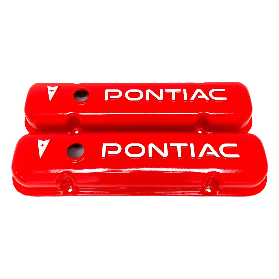 pontiac raised letter logo red valve covers, front view