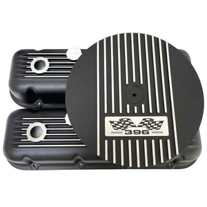 396 Big Block Chevy Classic Finned Valve Covers & 13" Air Cleaner Kit - Flag Logo - Black