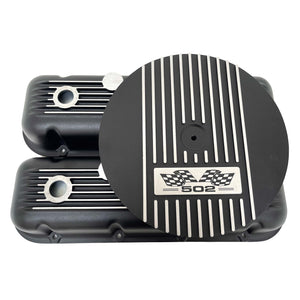 502 Big Block Chevy Classic Finned Valve Covers & 13" Air Cleaner Kit - Flag Logo - Black