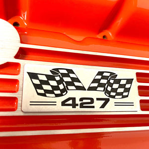 Big Block Chevy 427 Flag Logo, Classic Finned, Orange Valve Covers