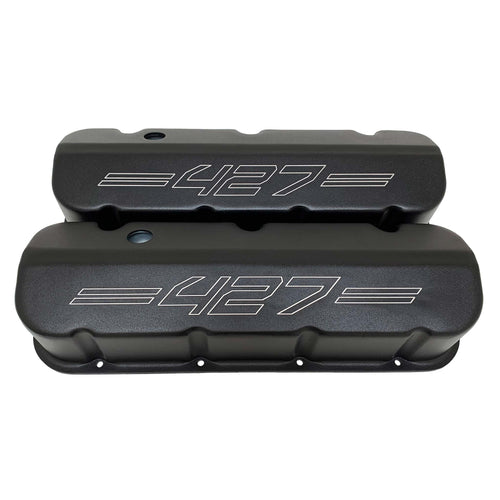 ansen custom engraving, big block chevy 427 valve covers, laser engraved, black, front view