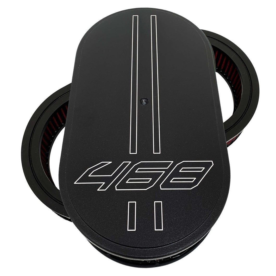 ansen custom engraving, big block chevy 468, air cleaner lid, black, front view